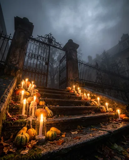 Candlelit Stone Steps and Foggy Gate