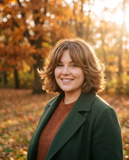 Smiling Woman with Bob in Autumn Park