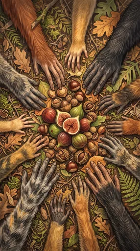 Primate Hands Reaching for Figs and Nuts