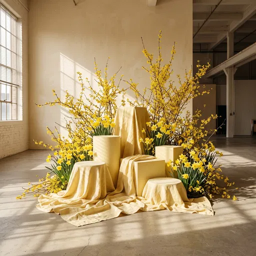 Yellow Podiums With Spring Flowers in Studio