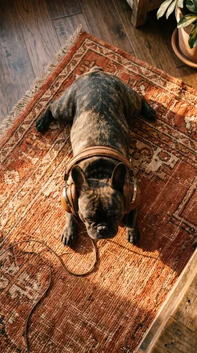 French Bulldog Wearing Vintage Leather Headphones