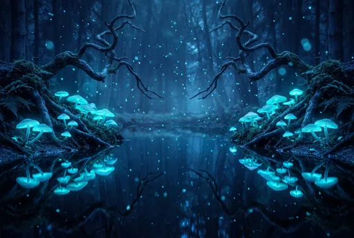 Glowing Blue Mushrooms in Symmetrical Forest Pond