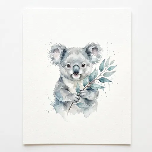 Watercolor Baby Koala Holding Eucalyptus Leaves