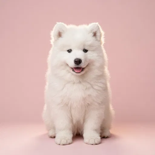 Fluffy White Samoyed Puppy on Pink