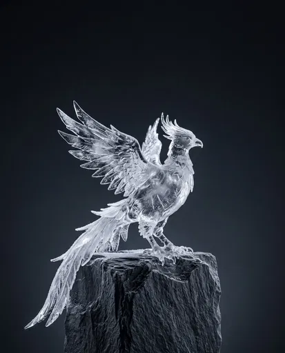 Translucent Ice Phoenix Sculpture on Slate