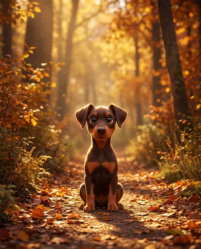 Stylized Miniature Doberman in Autumn Forest