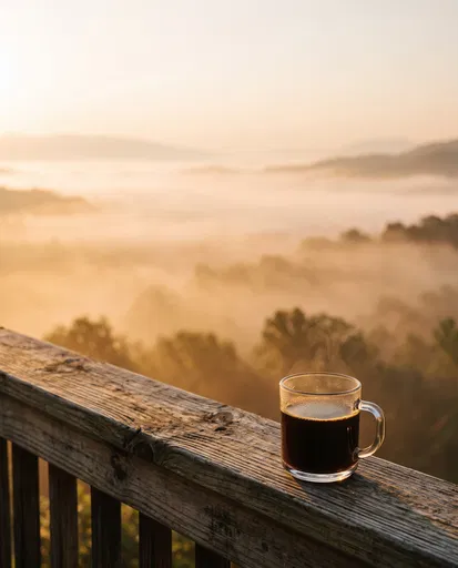 Coffee Mug on Foggy Sunrise Porch