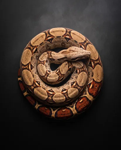 Coiled Red-Tailed Boa on Black Background