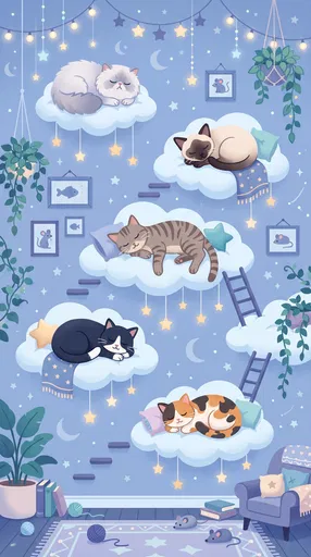 Five Cute Cats Sleeping on Clouds