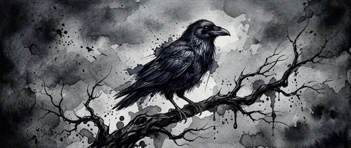 Gothic Watercolor Raven on Twisted Branch