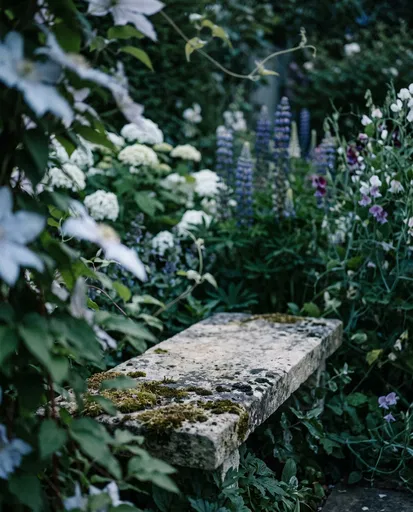 Mossy Stone Bench in Twilight Garden