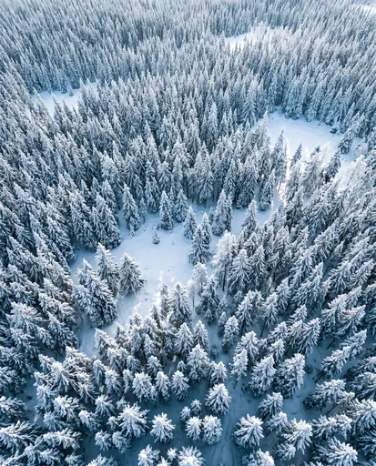 Aerial View of Snowy Evergreen Forest