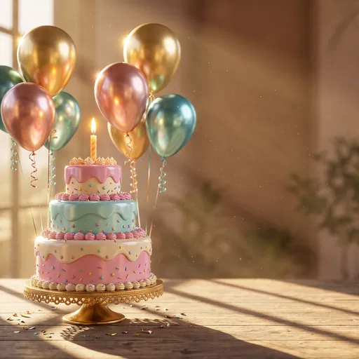 Three-Tiered Birthday Cake With Metallic Balloons