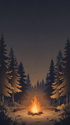 Nighttime Forest Campfire Flat Illustration