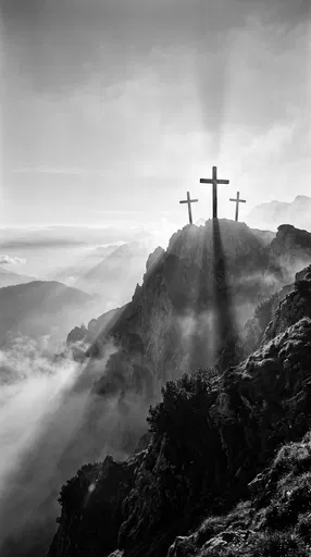 Three Crosses on Misty Mountain Peak