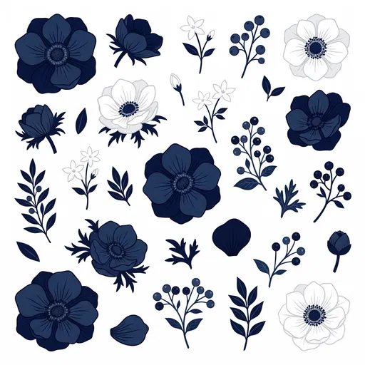 Navy Blue and White Floral Clipart Set
