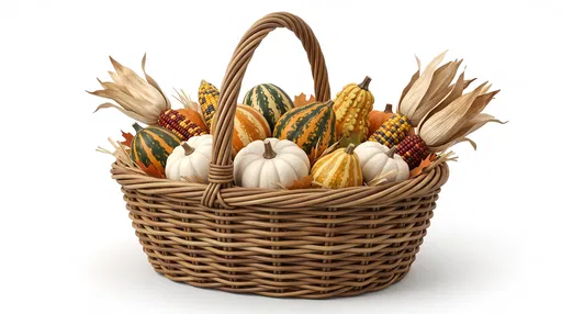 Woven Basket With Autumn Gourds and Corn