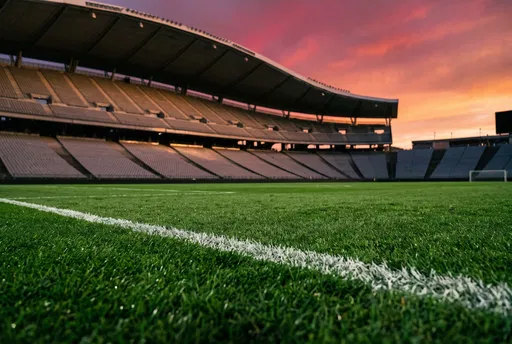 Empty Soccer Stadium Pitch at Sunset