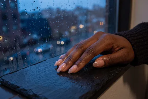 Hand With Almond Nails By Rainy Window