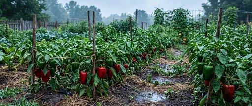 Bell Peppers in Wet Vegetable Garden