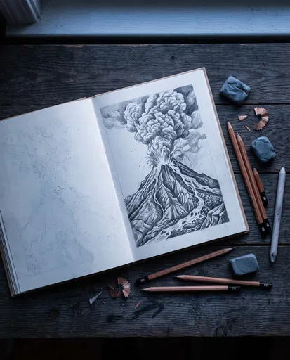Sketchbook With Graphite Volcano Drawing