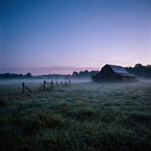 Weathered Barn in Misty Twilight Pasture
