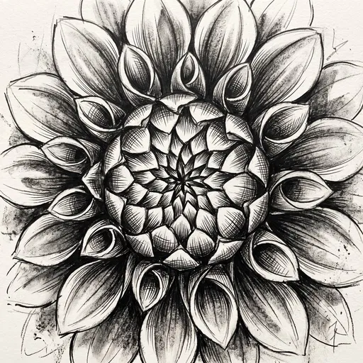 Charcoal and Ink Dahlia Flower Sketch