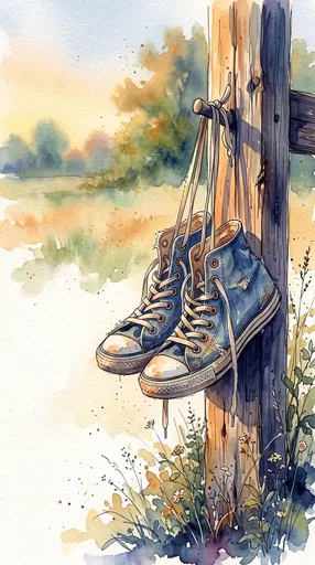 Watercolor Blue Sneakers Hanging on Fence Post