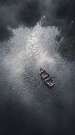 Wooden Rowboat on Misty Moonlit Lake