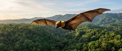 Golden-Crowned Flying Fox Gliding Over Rainforest
