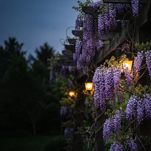Violet Wisteria on Garden Pergola at Twilight
