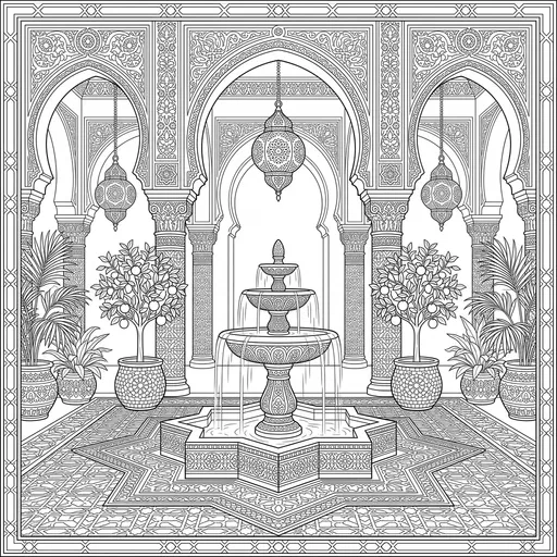 Moroccan Courtyard Fountain Adult Coloring Page