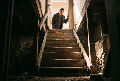 Young Man Peering Down Dark Basement Stairs