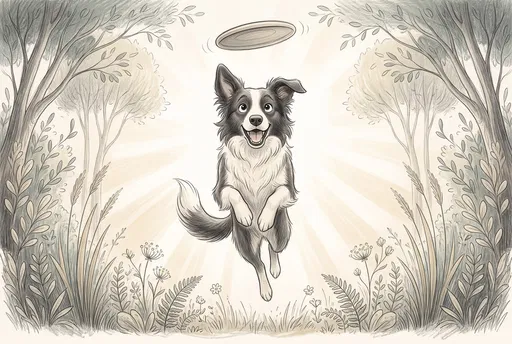Cartoon Border Collie Jumping for Flying Disc