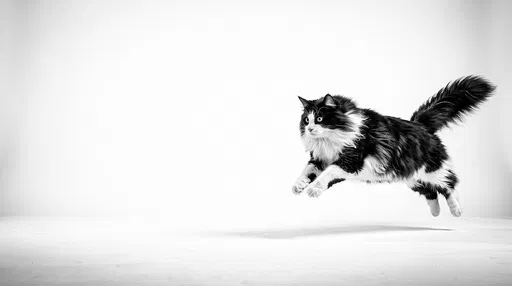 Fluffy Black and White Cat Leaping
