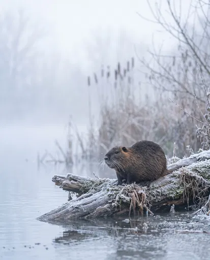 Coypu on Frosty Winter Log