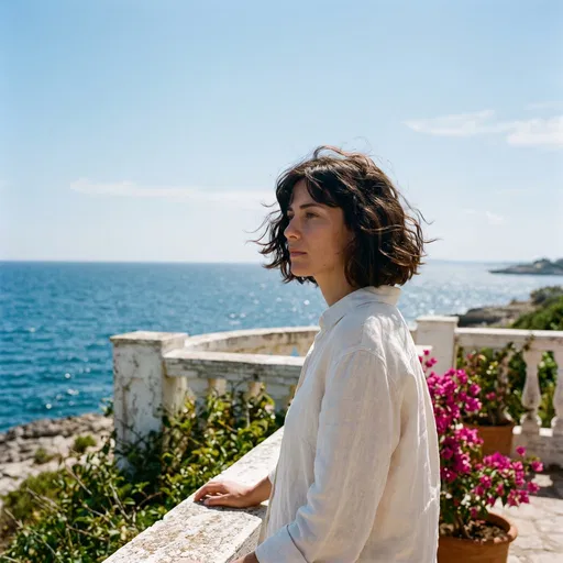 Woman With Wavy Bob on Coastal Terrace