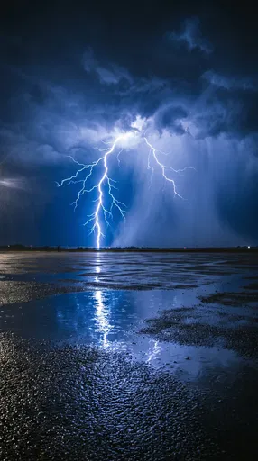Blue Lightning Strike Over Wet Asphalt