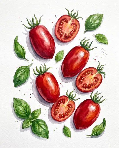Watercolor Plum Tomatoes and Basil Leaves