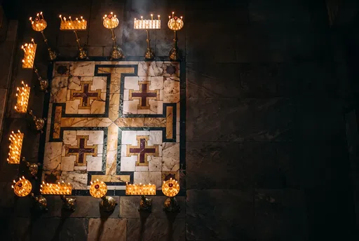 Candlelit Jerusalem Cross Marble Floor Mosaic