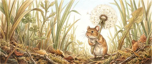 Field Mouse Holding Dandelion Umbrella Illustration
