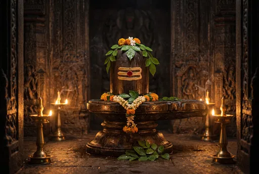 Stone Shiva Lingam With Brass Oil Lamps