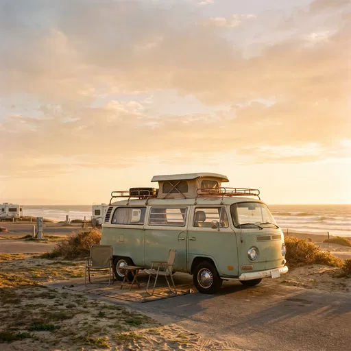 Vintage Camper Van parked at Sunset Beach