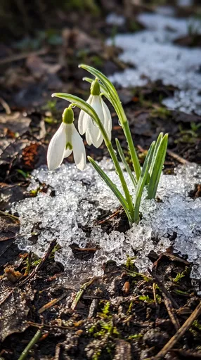 White Snowdrop Flowers in Melting Frost