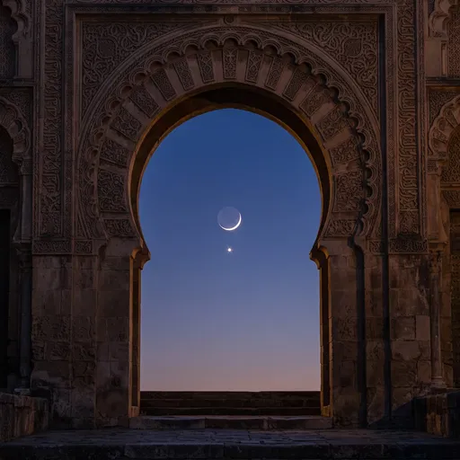 Crescent Moon Framed by Stone Horseshoe Arch