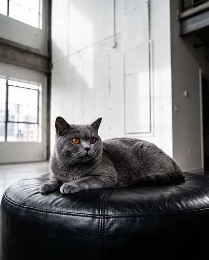 British Shorthair Cat on Leather Ottoman
