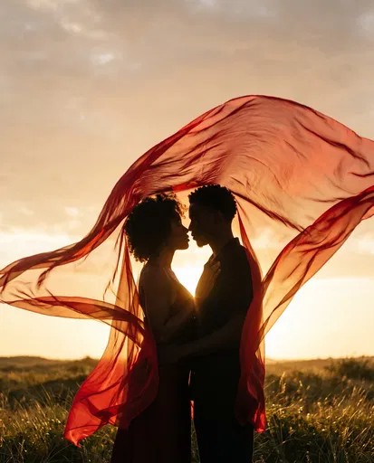 Couple Silhouette Under Red Veil at Sunset