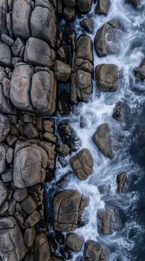 Aerial View of Coastal Boulders and Surf