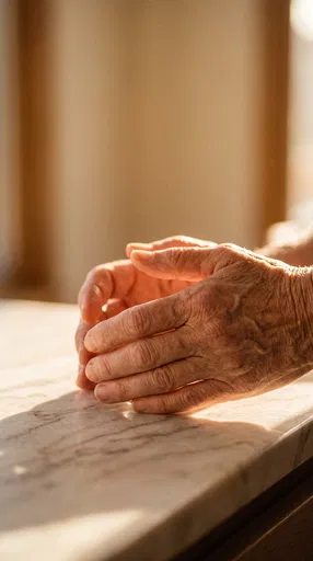 Mature Hands Cupped on Marble Counter