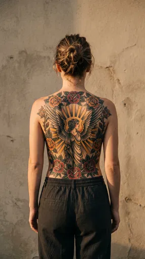 Woman With Traditional Winged Muse Back Tattoo